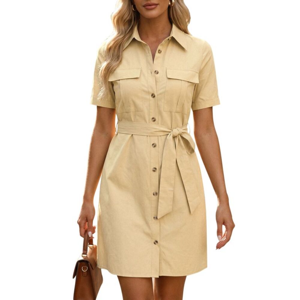 Safari Dress Collared Button Down Cotton Belted Shirtdress Khaki